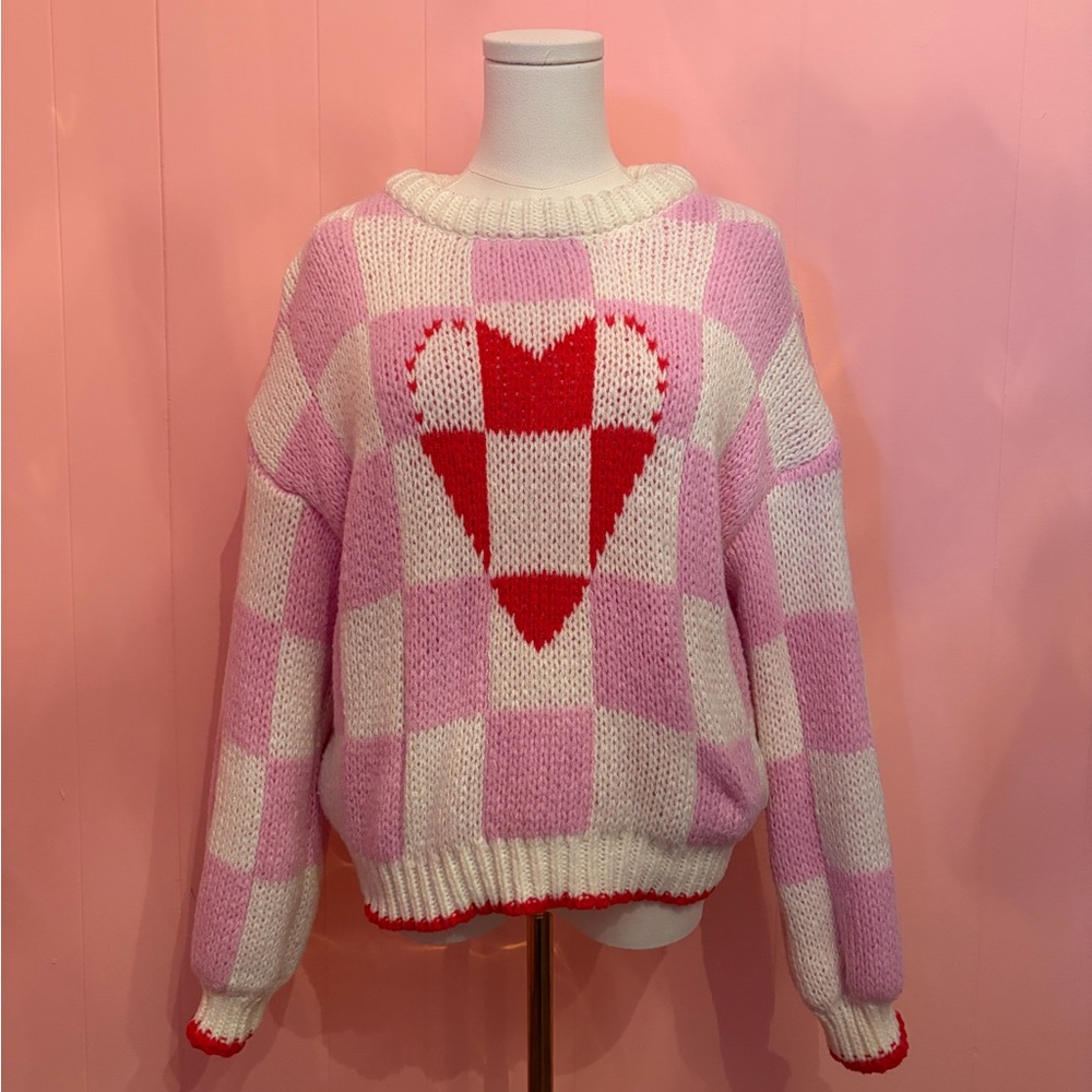 Dreamers Pink and White Check Heart Knit Sweater